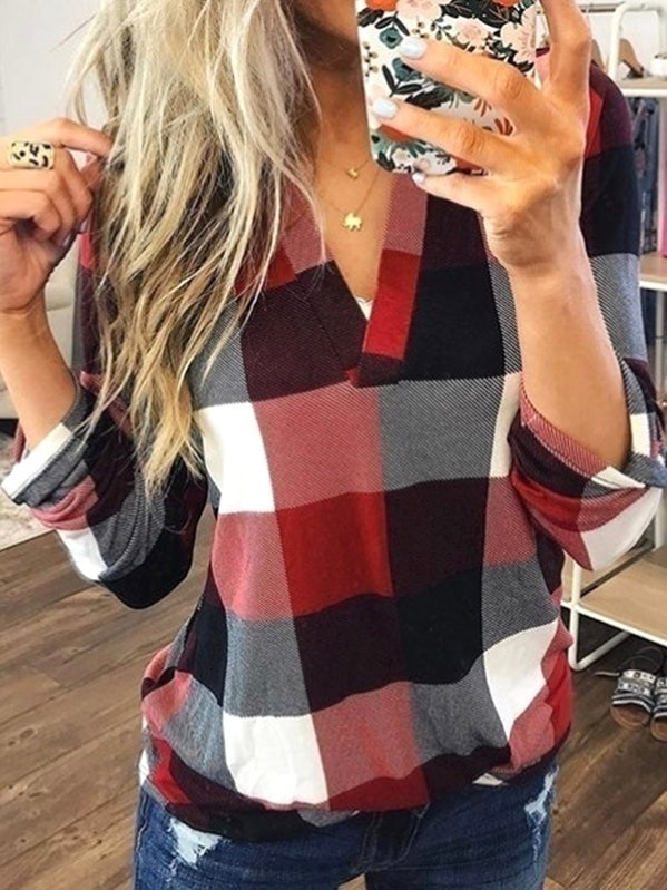 Women Plaid Blouse Plus Size Shirt Long Sleeve Tunic Tops