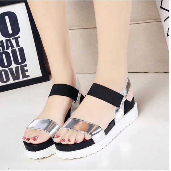 Pure Color Peep Toe Color Match Slip On Elastice Flat Sandals