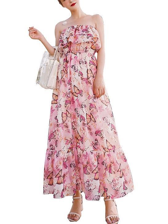 Vacation Summer Chiffon Slim Tube Top Bohemian Dress