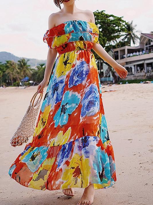 Vacation Summer Chiffon Slim Tube Top Bohemian Dress