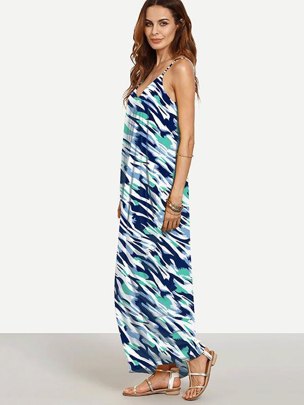 Unique Bohemia Spaghetti Straps V Neck Maxi Dress