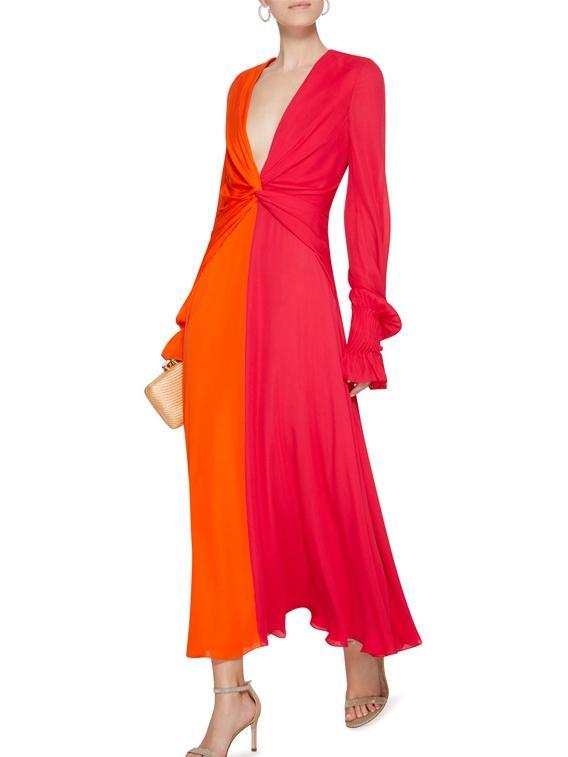 Spring New Deep V Contrast Knot Lotus Leaf Petal Sleeve Maxi Dress