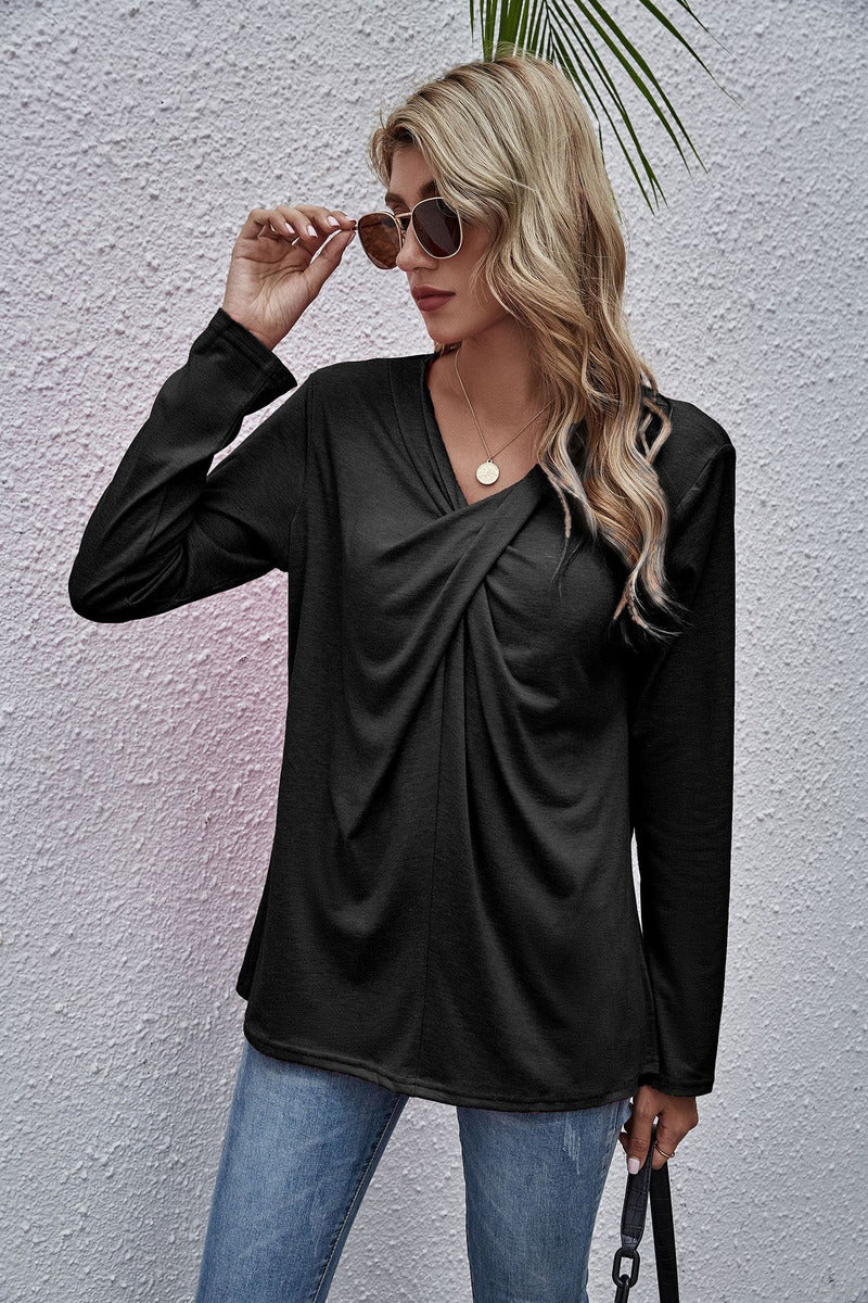 Solid Color V-neck Twisted Long-sleeved T-shirt Spot