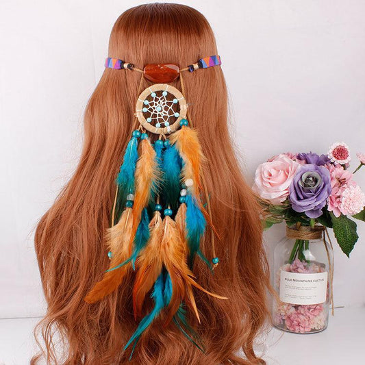 Feather hair band elastic dream catcher national style headwear