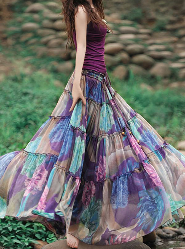 Bohemian Floral Printed Mid-Calf Pleated Chiffon Skirt