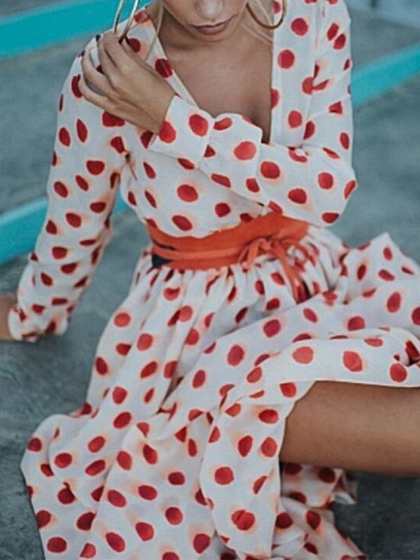 Fashion Polka-dot V-Neck Long Sleeves Maxi Dress