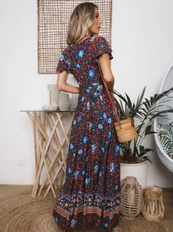 Boho Lace-up V-neck Printed Maxi Dresses