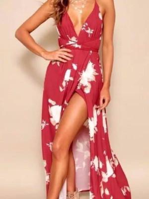 Beach fashion Sexy Backless Long Print Dress V-neck Dress 2018