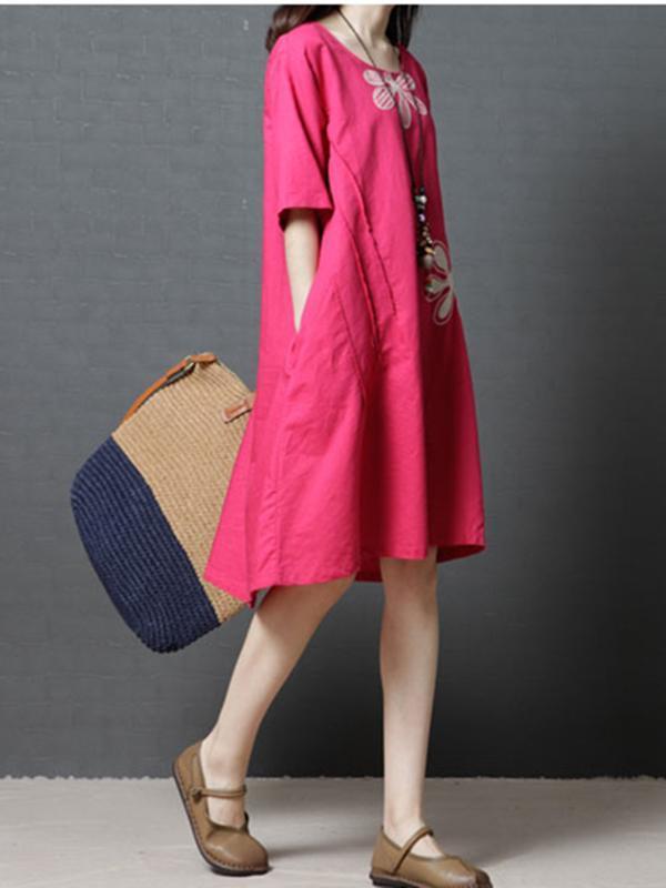 Linen Cotton Short Sleeve Loose Pockets Dress