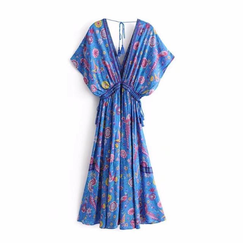 Printed Deep V Neck Tassel Bohemia Beach Maxi Dress