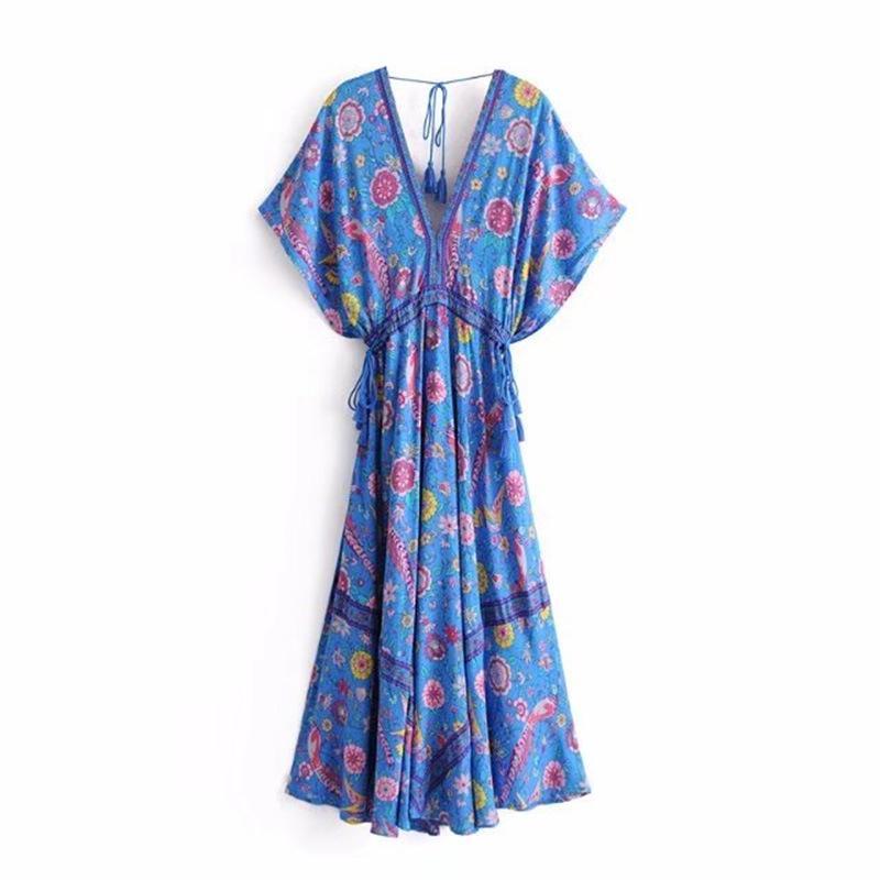 Printed Deep V Neck Tassel Bohemia Beach Maxi Dress