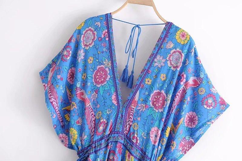 Printed Deep V Neck Tassel Bohemia Beach Maxi Dress