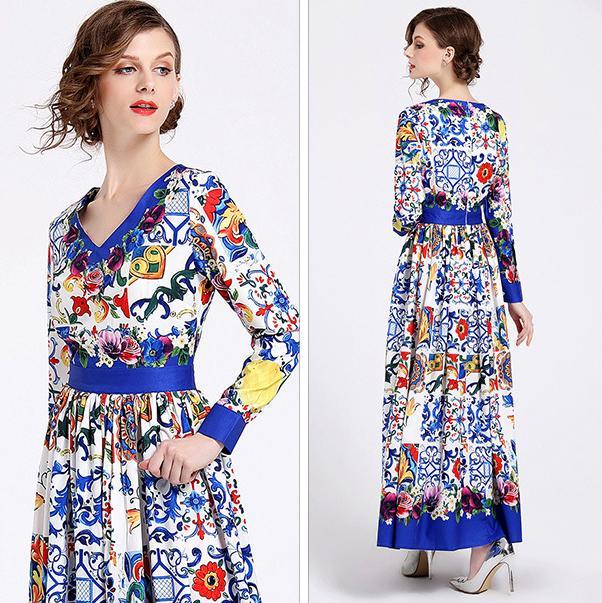 Elegant Print V Neck Long Sleeve Evening Maxi Long Dress