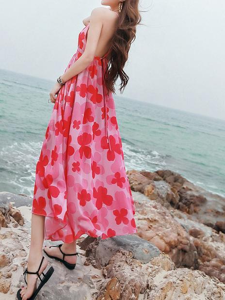 Sexy Chiffon Spaghetti Strap Floral Print Beach Maxi Long Dress