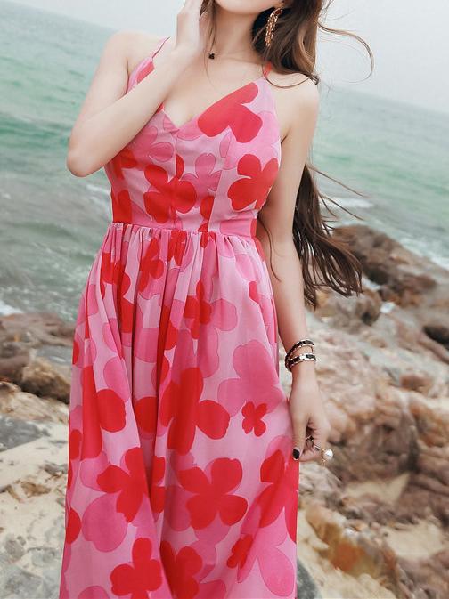 Sexy Chiffon Spaghetti Strap Floral Print Beach Maxi Long Dress