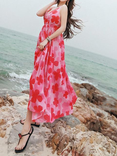 Sexy Chiffon Spaghetti Strap Floral Print Beach Maxi Long Dress