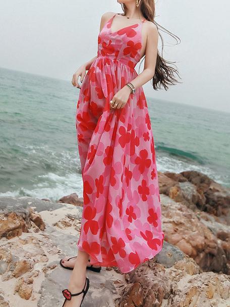 Sexy Chiffon Spaghetti Strap Floral Print Beach Maxi Long Dress