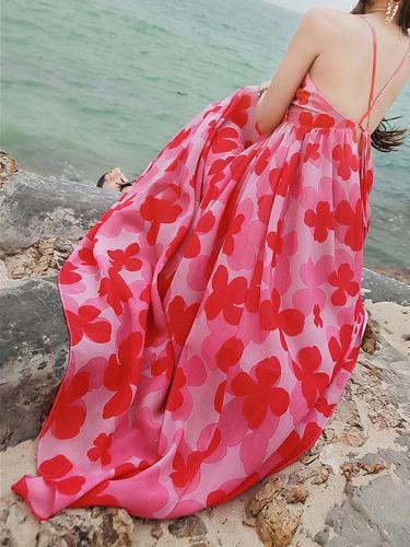 Sexy Chiffon Spaghetti Strap Floral Print Beach Maxi Long Dress