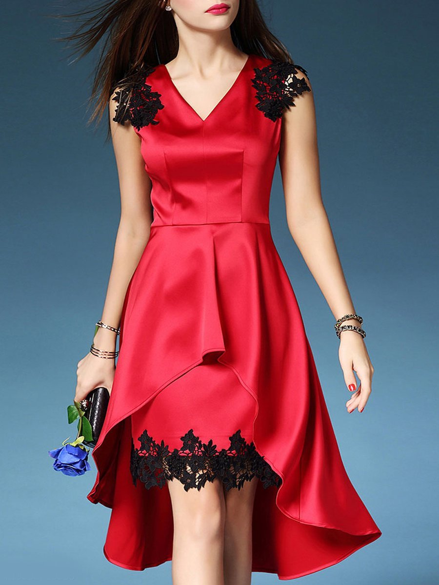 V-Neck Decorative Lace Plain Polyester Evening Dresses