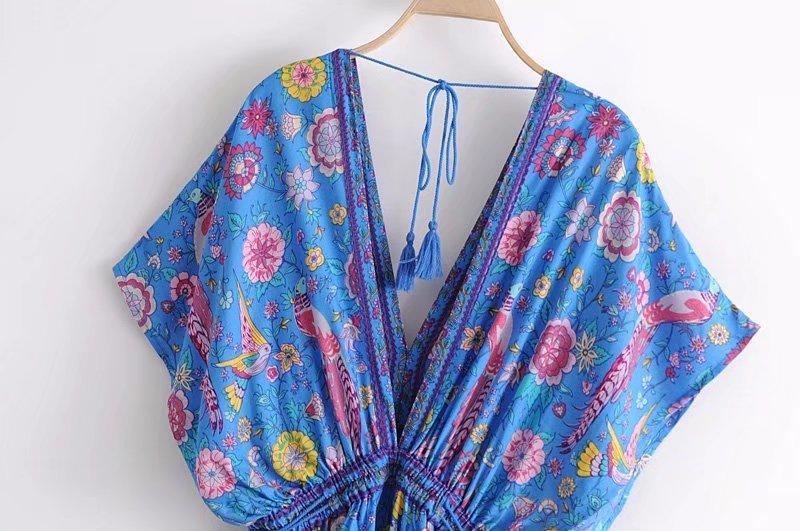 Printed Deep V Neck Tassel Bohemia Beach Maxi Dress