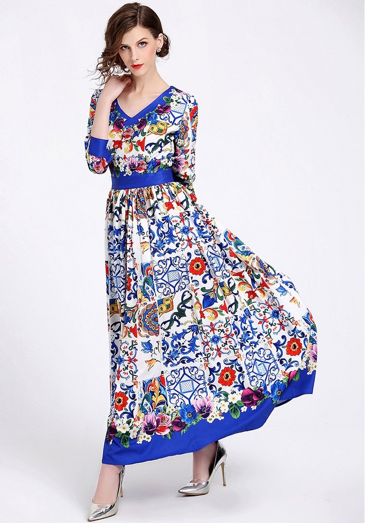 Elegant Print V Neck Long Sleeve Evening Maxi Long Dress