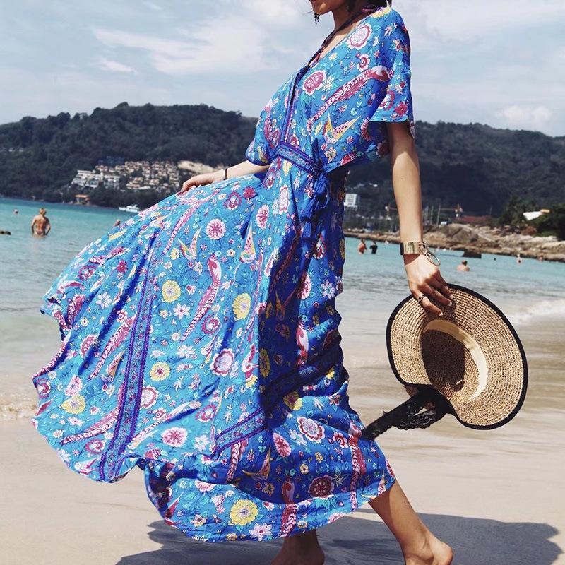Printed Deep V Neck Tassel Bohemia Beach Maxi Dress
