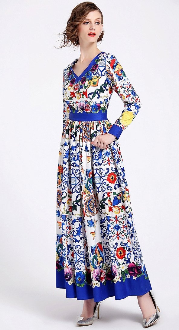 Elegant Print V Neck Long Sleeve Evening Maxi Long Dress