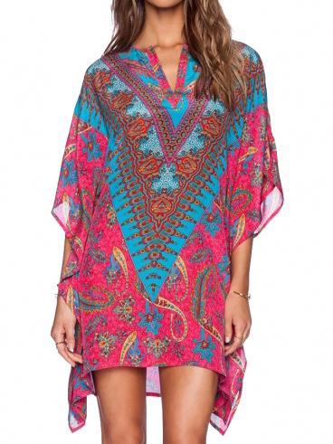 Paisley Print Handkerchief-Hem Open Neckline Batwing Sleeves Short Dress