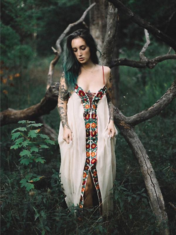 Bohemia Flower Inwrought Stripes V Neck Lace-Up Beach Long Dress