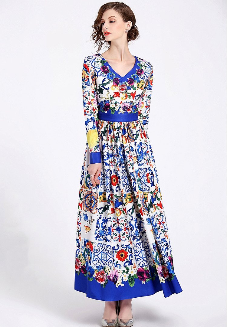 Elegant Print V Neck Long Sleeve Evening Maxi Long Dress