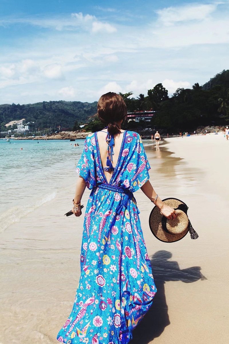 Printed Deep V Neck Tassel Bohemia Beach Maxi Dress