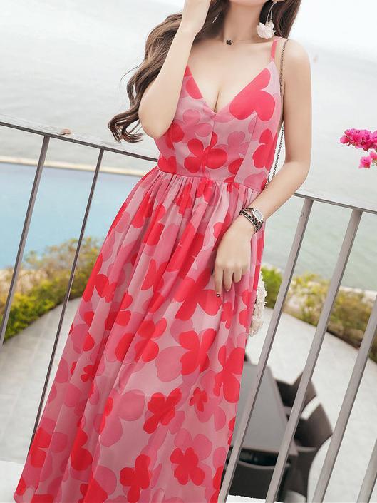 Sexy Chiffon Spaghetti Strap Floral Print Beach Maxi Long Dress