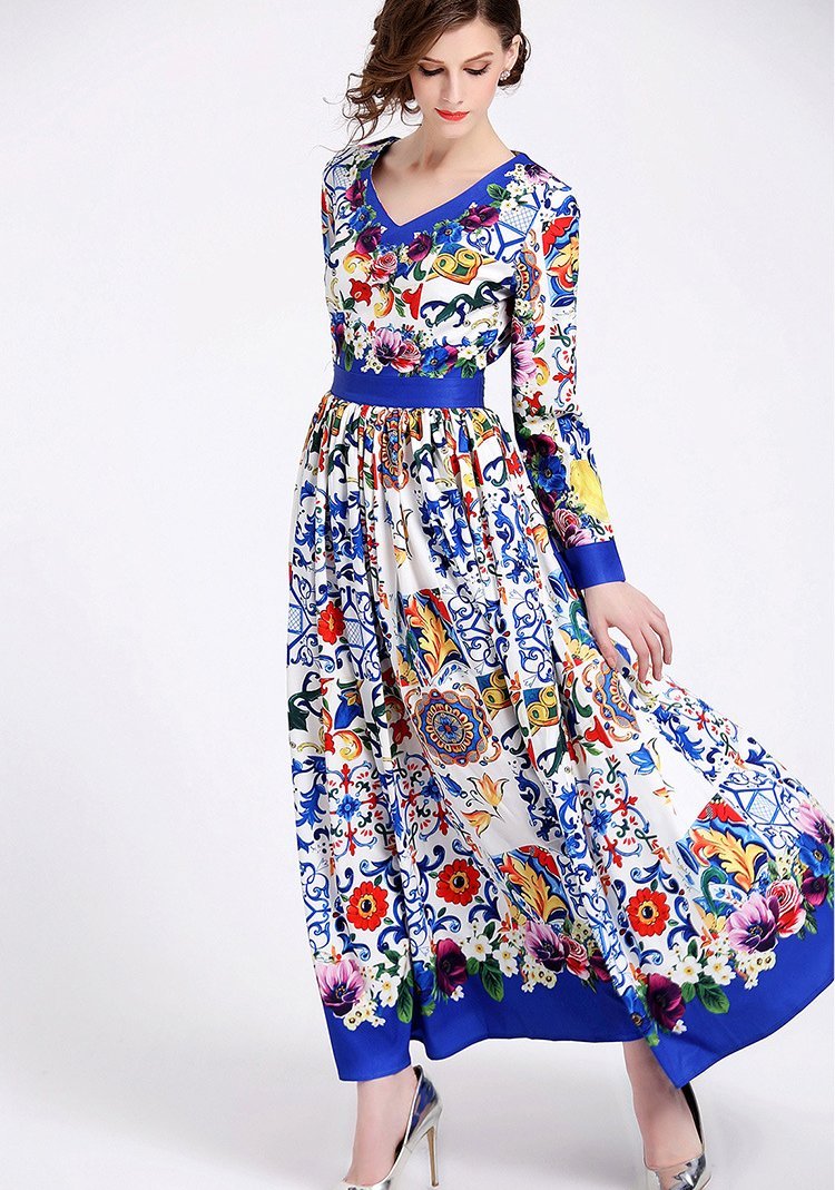 Elegant Print V Neck Long Sleeve Evening Maxi Long Dress