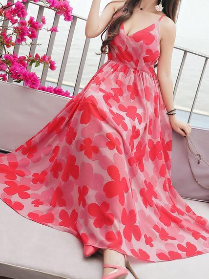 Sexy Chiffon Spaghetti Strap Floral Print Beach Maxi Long Dress