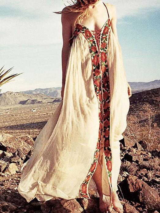 Bohemia Flower Inwrought Stripes V Neck Lace-Up Beach Long Dress