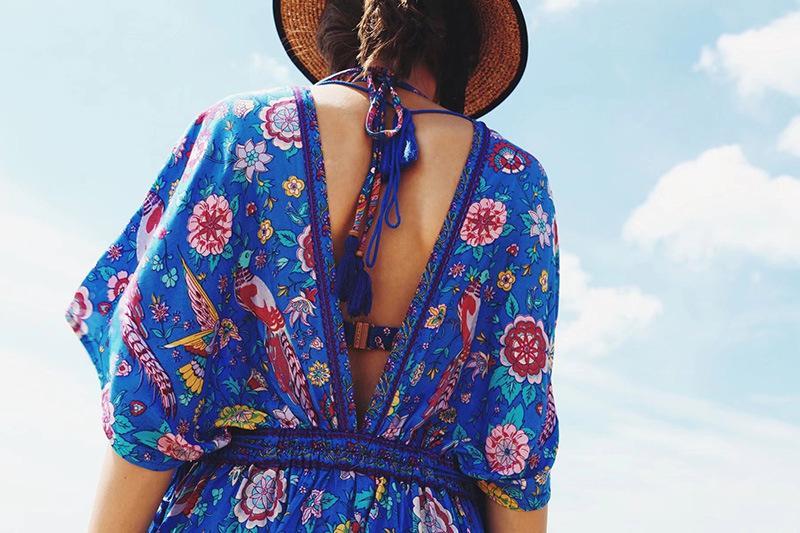 Printed Deep V Neck Tassel Bohemia Beach Maxi Dress