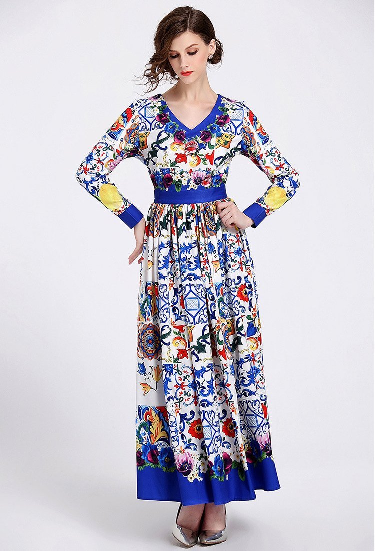 Elegant Print V Neck Long Sleeve Evening Maxi Long Dress