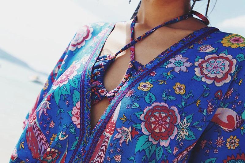 Printed Deep V Neck Tassel Bohemia Beach Maxi Dress