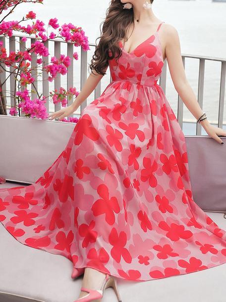 Sexy Chiffon Spaghetti Strap Floral Print Beach Maxi Long Dress