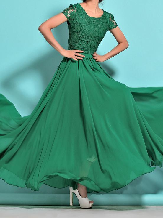 Elegant Solid Color Chiffon Short Sleeve Maxi Party Dress