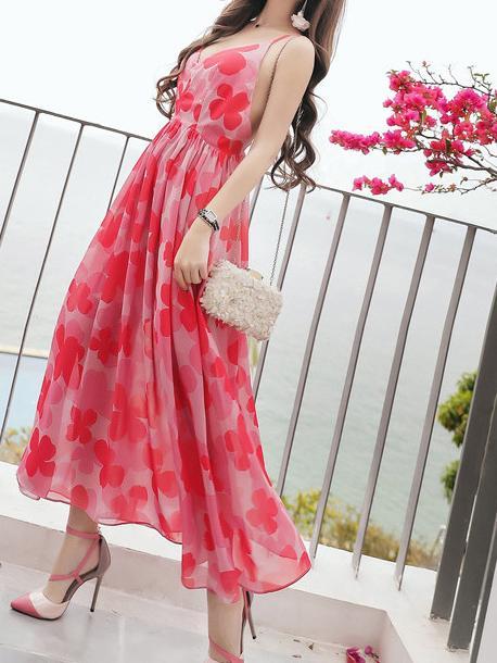 Sexy Chiffon Spaghetti Strap Floral Print Beach Maxi Long Dress