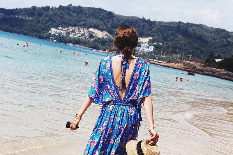 Printed Deep V Neck Tassel Bohemia Beach Maxi Dress