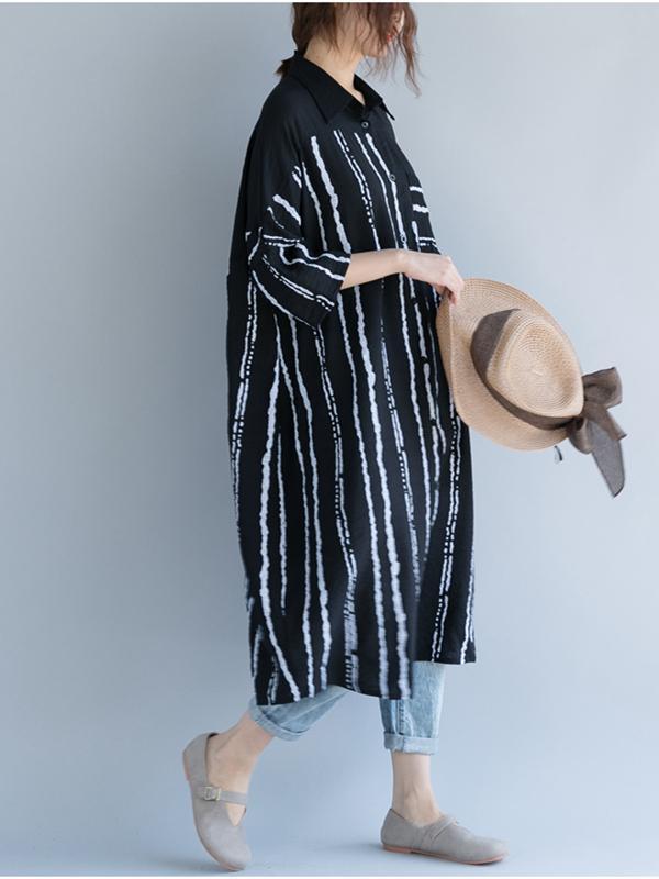 2018 Stripe Linen Cotton Loose Shirt Dress