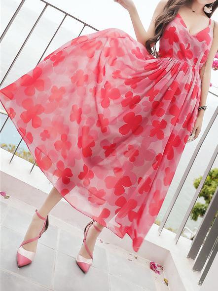 Sexy Chiffon Spaghetti Strap Floral Print Beach Maxi Long Dress