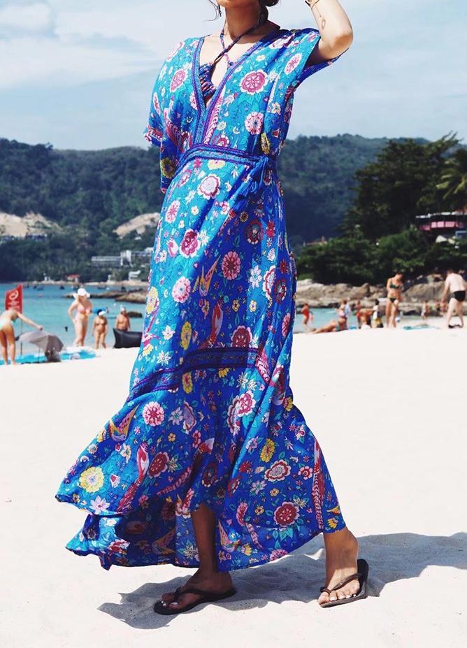 Printed Deep V Neck Tassel Bohemia Beach Maxi Dress