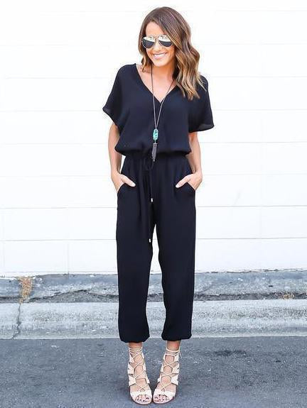 V Neck Short Sleeve Solid Color Jumpsuit Romper