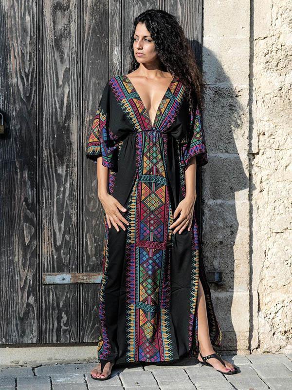 Bohemia Deep V Neck Split-side Elastic Waist Kaftan Beach Dress