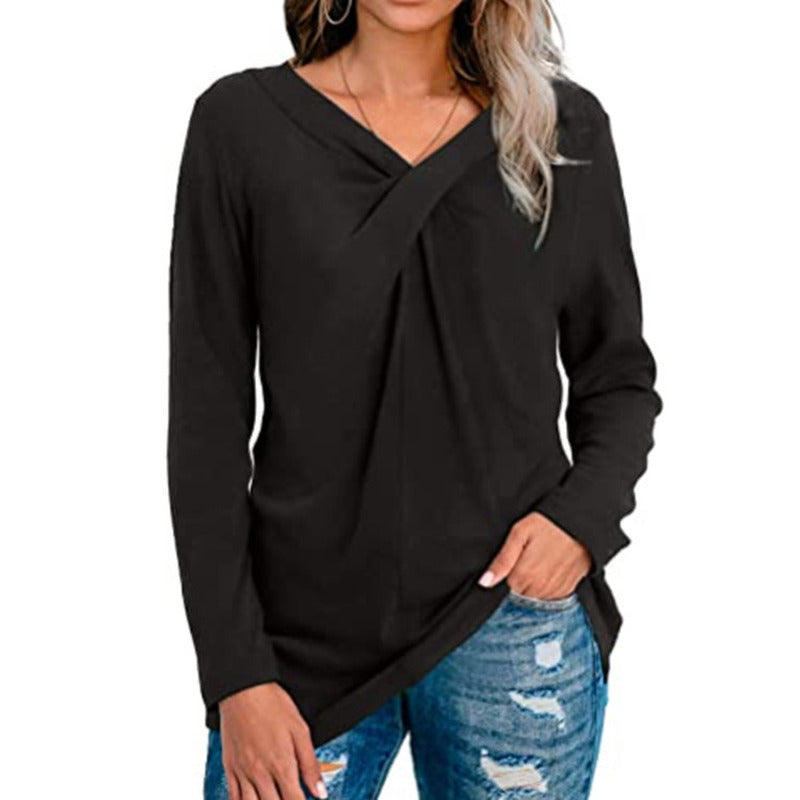 Solid Color V-neck Twisted Long-sleeved T-shirt Spot