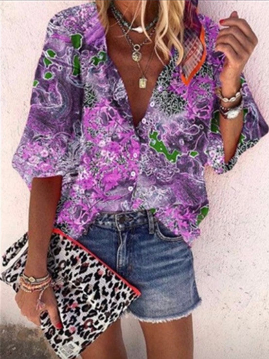 New Style Multicolor Printed Casual Women's Shirt With 9-point Sleeves