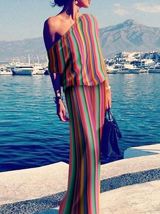 Summer new hot multi-color striped one-shoulder dress